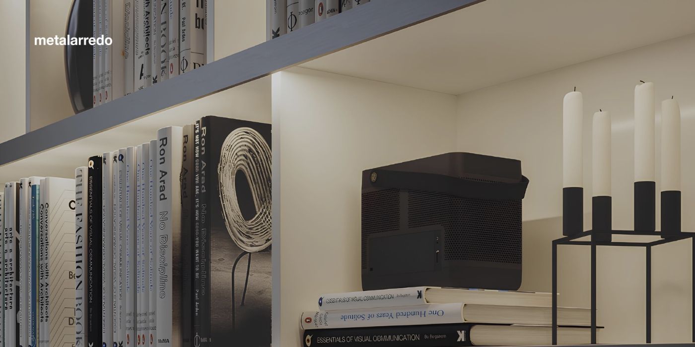 Modern bookcase with integrated LED lighting, highlighting books, decorative objects, and materials while creating an elegant and functional living space atmosphere.
